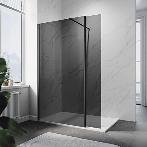 ELEGANT 760mm Walk in Shower Enclosure Screen Bathroom 8mm Dark Grey Easy Clean Safety Glass Wet Room Shower Screen Shower Cubicles Bath Screen with 300mm Return Panel
