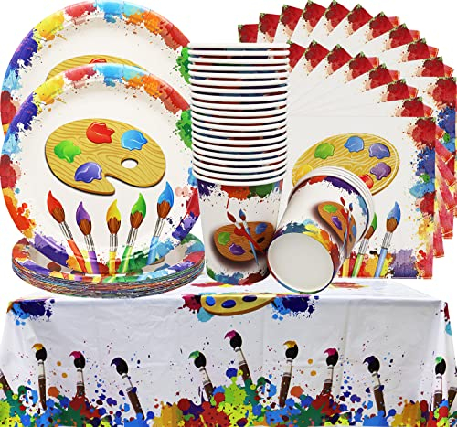 Set di 73P Posate per Feste in carta – Acquerelli Graffiti Palette Party Supplies Set di Stoviglie per Artisti, Maestri, Studenti, 24 Ospiti Include Piatto da 9”, Tazza, Tovagliolo, Tovaglia