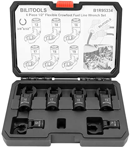 BILITOOLS 6PCS Flex Head Crows Foot Line Wrench Set, 3/8 & 1/2 Drive Injector Fuel Line Sockets Wrench Set, Crowfoot Flare Nut Socket Wrench Metric 12 14 16 17 18 19 mm with Storage Box