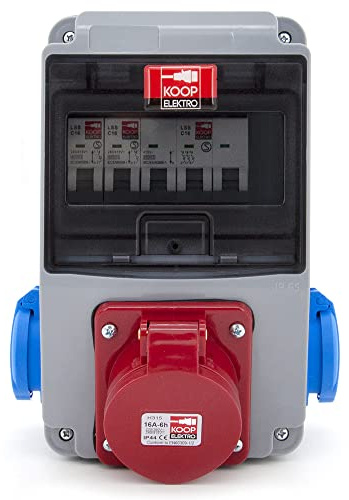 KOOP Elektro 6 Module Stromverteiler Wandverteiler Verteilerkasten mit 2x230V Schuko + Leitungsschutzschalter 2x LS, 1xCEE 16A + LS, Verdrahtet, Anschlußfertig, für Baustelle