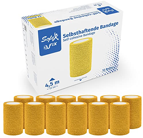 Sofex Fix Selbstklebender Verband Selbsthaftende Bandage Haftbandage Selbstklebend Fixierbinde Klebeverband Mullbinden Klebeverband Tape Verband Haftverband Elastische Binde (7,5cm, Gelb)