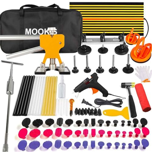 Mookis 92PCS Ausbeulwerkzeug Dellen Reparaturset Auto Dent Puller Kit, Beulen Reparaturset Auto mit Gleithammer, Goldzieher, Brückenzieher und Saugnapf für Tiefe Delle