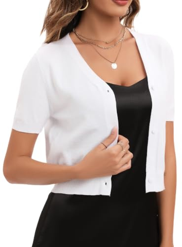 Boléro Femme Tricot Gilet Court Veste Cardigan Bouton Manches Courtes pour Robe Bretelle T Shirt Soirée Fête Décontracté Chic Elégante