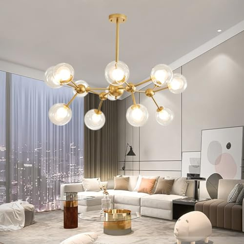 Kronleuchter Gold Globe Pendelleuchte Sputnik E27 Beleuchtung für Esszimmer mit transparentem Glasschirm Mid Century Modern Hänge Deckenleuchte für Küche und Schlafzimmer Hängelampe ( Color : Gold , S