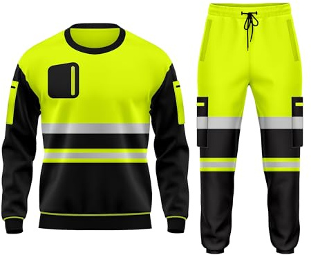 Survêtement de travail en polaire haute visibilité avec ourlet ouvert, pantalon resserré, poches à cordon de serrage, sweat-shirt à manches longues, haut et bas de sécurité, jaune/noir, M