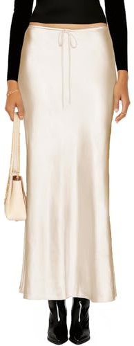 VividHarbor Women's Drawstring Satin Maxi Skirt High Waist Silk Long Skirts