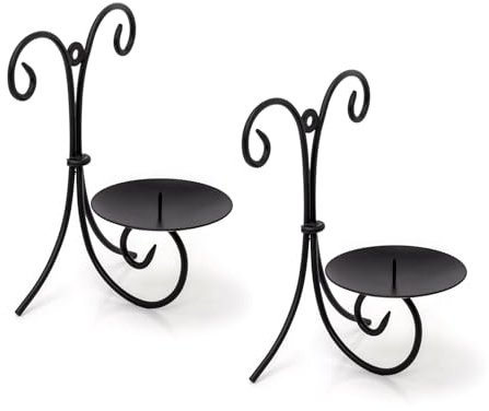 Set of 2 Black Metal Scroll Wall Sconce Candle Holders | Pack of 2 Wall Mounted Black Pillar Candle Holders | Wall Candle Plates With Spike