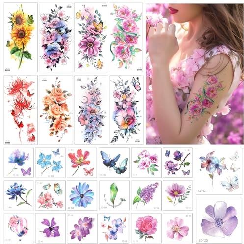 Amaxiu 28 Blatt Blumen Temporäre Tattoos Aufkleber, Aquarell Blumen Tattoo Aufkleber Temporäre Tätowierung von Rose Schmetterling Wasserdichter Körperkunstaufkleber für Frauen Erwachsene Fake Tattoos