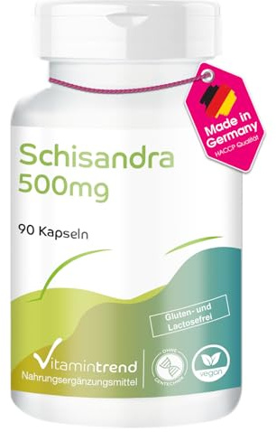 Vitamintrend Gélules de Schisandra 500mg, 90 pièces, hautement dosées avec 13,5mg de Schisandrin, complément alimentaire vegan sans stéarate de magnésium, fabriqué en Allemagne