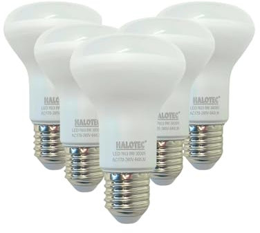 HALOTEC Pack 5 Lampadine LED Riflettori R63 8W E27 3000K Luce Calda Opaca | Illuminazione Interni Efficiente | Risparmio Energetico e Durata Extra | Perfette per Soggiorni e Camere da Letto Eleganti