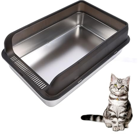 Kattsandlåda i Rostfritt Stål med Lock, Extra Stor Kattlåda för Stora Katter, Metallskräplåda med Väggsidor, Icke-klibbig, Anti-läckage, Lättstädad Ströbricka (L 2800ML)