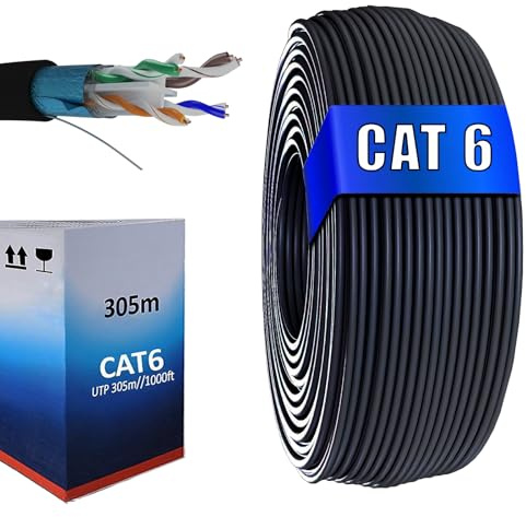 305m Cat6 FTP Ethernet Cable Roll Solid Shielded CCA Indoor Outdoor Gigabit Ethernet Network LAN Cable AWG23 Cat6 305 Meters FTP 10Gbps 250Mhz RJ45 Networking Cable for POE CCTV IP Camera ADSL Black
