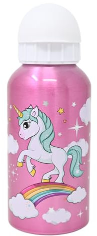 damaloo Trinkflasche Einhorn Mädchen 400 ml aus Aluminium - Kinder Flasche Auslaufsicher & BPA frei - Wasserflasche für Kindergarten, Grundschule, Schule & Sport ab 4 Jahre - Metall Kinderflasche