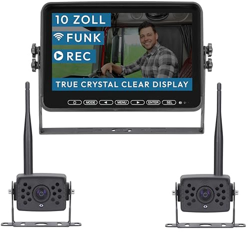 VSG24 Element Wired HD XL Funk Rückfahrkamera Set – 10 Zoll HD Monitor – wetterfeste IP68 Kamera – 140° Weitwinkel – 21 m Funkreichweite – für Wohnmobil, LKW, Transporter & Pferdeanhänger
