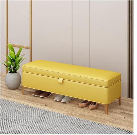 Gelbe gepolsterte Bettbank mit Stauraum, Ottomane für Schlafzimmer, Schlafzimmer, Bänke für Fußbett, mit goldenen Beinen, Eingangsbank