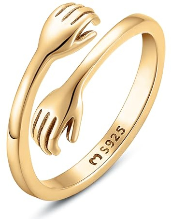 Anillos de mujer en plata de ley abierto con especial diseño de símbolo afectivo de dos manos en expresión de abrazo. Anillo plata mujer con acabado plateado o dorado. Ideal parejas (Baño en Oro)