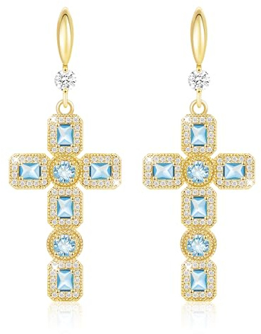 Linawe Pendientes colgantes en forma de cruz, pendientes para mujer en plata y oro, pendientes de joyería de moda, pendientes con forma de cruz con diamantes de imitación y piedra natal de moissanita