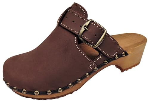 Unisex Schwedische Art Holz Clogs - Pantolette Holzschuhe Gr.42 oder Gr. 43 **BRAUN - Nubuk**Echt Leder-