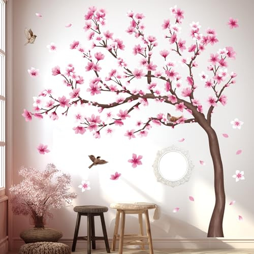 DECOWALL SG4-2431 Stickers muraux en forme de cerisier en fleurs pour chambre d'enfant salon décoration de branches de fleurs rose TV oiseaux arrière-plan artistique décoller et coller