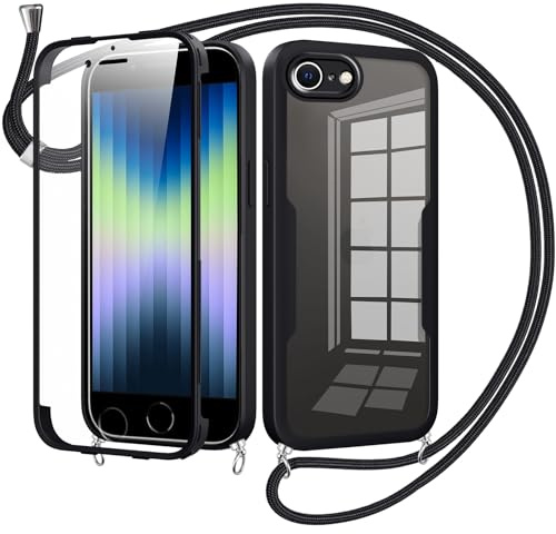 Woijrly handybandmit Band für iPhone 8/SE 2020/7/SE 2022 Hülle - Necklace HandyHülle,Eingebautem Schutzfolie Anti-Kratzer,360 Grad Displayschutz Ganzkörper Robuste Case Transparente Stoßfest-Schwarz