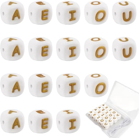 TOAOB 20 Stück Buchstabenperlen aus Silikon für Armbänder 12 mm Weiß und Gold Würfel A E I O U Große Alphabet Perlen und 2 m Faden für Halsketten Modeschmuck DIY Phone Ketten Schlüsselanhänger
