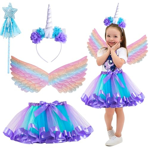 XUNIVERS Einhorn Kostüm Prinzessin Set 4 Stück, Regenbogen Tutu Rock Tüllrock, Prinzessin Kostüm Mädchen Einhorn Haarreif Flügel für Mädchen im Alter von 3–8 Jahren Geeignet