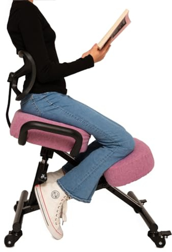 BLACK POINT O'KNEEL – Ergonomischer Kniestuhl mit Rückenlehne | Verstellbarer Kneeling Chair, Büro & Zuhause | gerade & Bequeme Haltung | Bezug aus Leinen Grau/Hellrosa inklusive