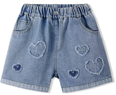 Rolanko Vaqueros Pantalones Cortos para Niñas, Cintura Elástica, Rasgados Jeans Cortos de Verano con Bolsillos para Niños, Patchwork Corazón, Talla: 10-11 Años, 150