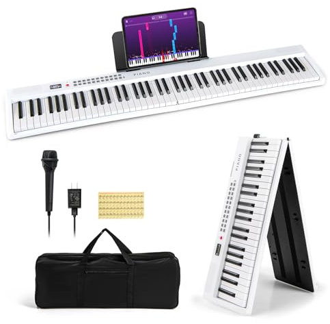 COSTWAY Keyboard Piano 88 Tasten, Klappbares Digitalpiano mit 1000 Rhythmen 1000 Tönen, 150 Demos, Bluetooth MIDI, Klavier Kinder mit Mikrofon & Tragetasche, E Piano für Anfänger (Weiß)