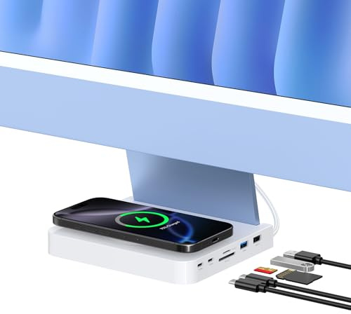 Gewokliy USB C Hub für iMac 61.0 cm 2021/2023/2024, 10Gbps USB-C*2 & USB-A, SD/TF Reader, 15W Wireless Charge, Zubehör Adapter für iMac M1 M3 M4