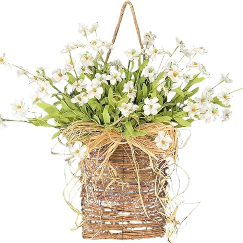 Cream Hydrangea Door Hanger Basket Wreath, Spring Summer Wildflower Front Door Wreath, Farmhouse Porch Decor, Artificial Hanging Basket for Home Wall (B)