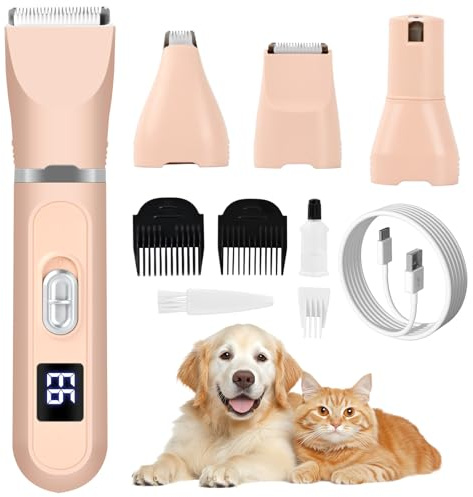 4 in 1 Hundeschermaschine Leise Schermaschine Katze Hunde Set Hundehaarschneidemaschine Hunderasierer Pfotentrimmer Krallenschleifer Tierhaarpflege für Haustiere Pfoten Hintern Verknotet (Rosa)