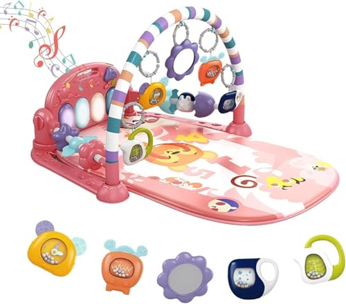 Baby Play Mat Baby Gym,Funny Play Piano Tummy Time Baby Activity Mat with 5 Infant Sensory Baby Toys, Music and Lights Boy & Girl Gifts for Newborn Baby 0 to 3 6 9 12 Months (Pink Tiger)