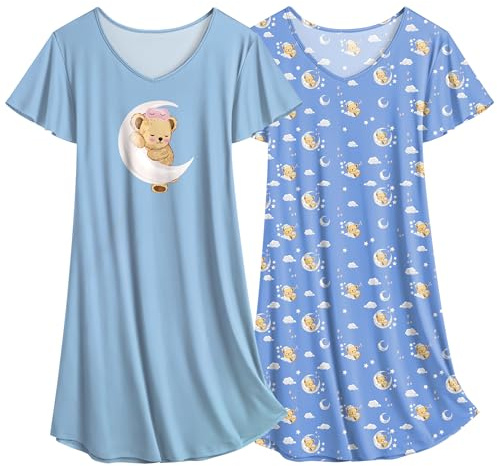 Ekouaer Tvådelad blommig nattlinne för dam kortärmad nattkläder sommar nattklänning 2 S-XXL, Teddy Bear + Måne Blå, XL