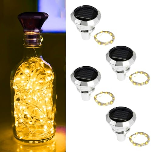 4Pcs Solar Wine Bottle Lights for Outdoor Garden Waterproof Mini Led Bottles Fairy Light Rechargeable Diamond Cork Solar Powered Lamp Kit with 2M 20 Led Copper Wire String Lights (Warm Color)