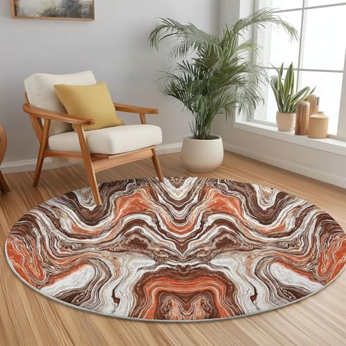 Genérico Antideslizante Alfombra Redonda - 90 x 90 cm - Abstracto Líquido Metal Estampada Suaves Lavable alfombras, Marrón Estampado Alfombra para Dormitorio Comedor Sala de Estar decoración