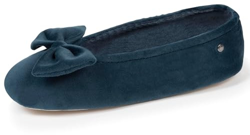 Isotoner Chaussons pantoufles Ballerines femme ultra confortables, semelle en cuir, détail grand nœud, 35/36, bleu canard