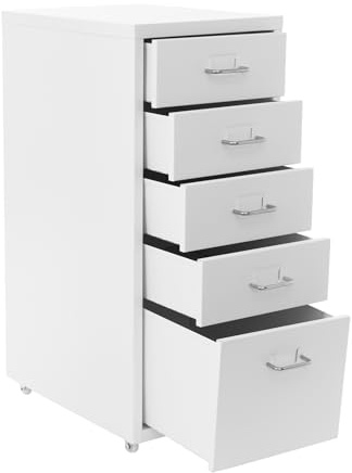 Rollcontainer, Metallaktenschrank, Aktenordner, Aufbewahrungsschrank, Ordnungsschrank, mobiler Aktenschrank mit 5 Schubladen, geeignet für Zuhause, Büro und Schule (Weiß)