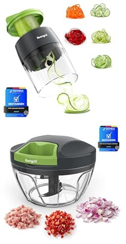 Ibergrif M522 Spiralizzatore di Verdure, Spaghetti di Zucchine Attrezzo & M501 Tritatutto Manuale a Corda, Senza BPA, Lavabile in Lavastoviglie, per Verdure Carne Noci, Cetrioli, Zucchine