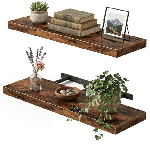 Fixwal Floating Wall Shelves for Decor (Rustic Brown, Set of 2, 22Inch) | MDF Shelf with Metal Brackets, Space Saving for Books , Decor, Fits Bathroom, Kitchen, Bedroom, or Office