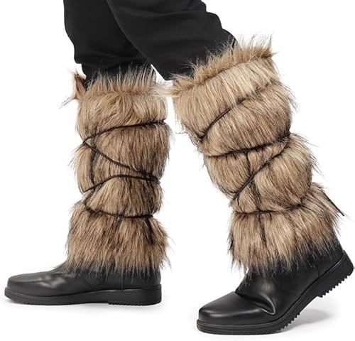 Viking Pirate Costume Boot Covers for Women Men Fluffy Leg Warmers Faux Fur Boot Covers Warrior Cosplay Accessories,Viking Boots Cuffs and Laces for Medieval Renaissance Costumes with Leather Wrap