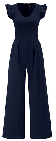 PRETTYGARDEN One Piece Jumpsuits For Women Dressy 2026,Navy,L | Comfy Ribbed Knit, Ruffle Cap Sleeve V Neck, Back Zipper Wide Leg Romper, Business Casual Date Night, Fashion Summer Outfits