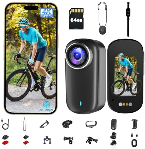 Bextgoo Action Camera, Body Camera 4K, 64GB Waterproof POV Camera IP65, Mini Body Cam with 1200 mAh Battery for Vlogging, Travel, Thumb Action Cam for Skiing Motorcycle Cycling