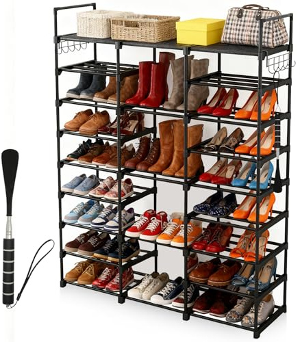 Vyranut Scarpiera a 9 Livelli in Metallo con Calzascarpe Telescopico, Porta Scarpe per 50+ Paia, Ripiani Regolabili e Ganci Multifunzione, Ideale per Ingresso, Camera da Letto e Guardaroba – Nero