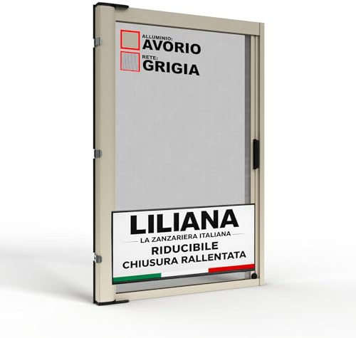 Zanzariera a Rullo LILIANA L 150 x H 250cm Laterale Riducibile per Porta Finestre Con Chiusura Rallentata e Magnetica - AVORIO RAL1013 con Rete in Fibra di Vetro Grigia - Made in italy