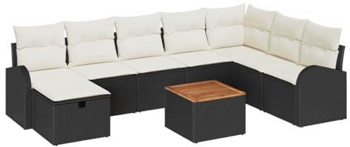 HFXHIJXQ Gartenmöbel Set 9tlg Poly Rattan Schwarz 289x179x85 cm Modularer Loungesofa mit Stauraum & Akazienholz-Tisch Robust und wetterbeständig für Terrasse Balkon und Garten