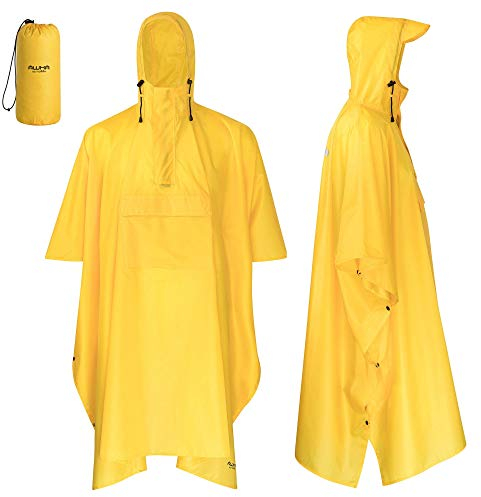 AWHA Regenponcho Damen und Herren wasserdicht und extra lang zum Wandern, Reiten, Fahrrad fahren - Outdoor Regenschutz wiederverwendbar mit Tasche, gelb, L/XL