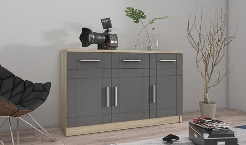 Kuechen-preisbombe Kommode Sideboard Paris 3F-3S Wohnwand Wohnzimmer Anbauwand Grau + Sonoma Eiche
