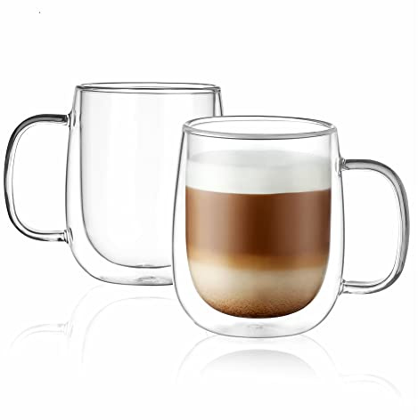 CNGLASS Glass Coffee Mugs 12oz,Double Wall Insulated Mug Set with Handle,Clear Glass Espresso Mugs for Latte,Cappuccino,Tea Bag,Hot and Cold Beverages,Set of 2
