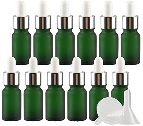 TIANZD 24 Stück 10 ml Leere Matt Grün glasflasche Tropfflasche Pipettenflaschen mit Glaspipette, 10ml Glasflasche mit Tropfpipette mit Silber Schraubverschluss für ätherische Öle, Parfüm Öle